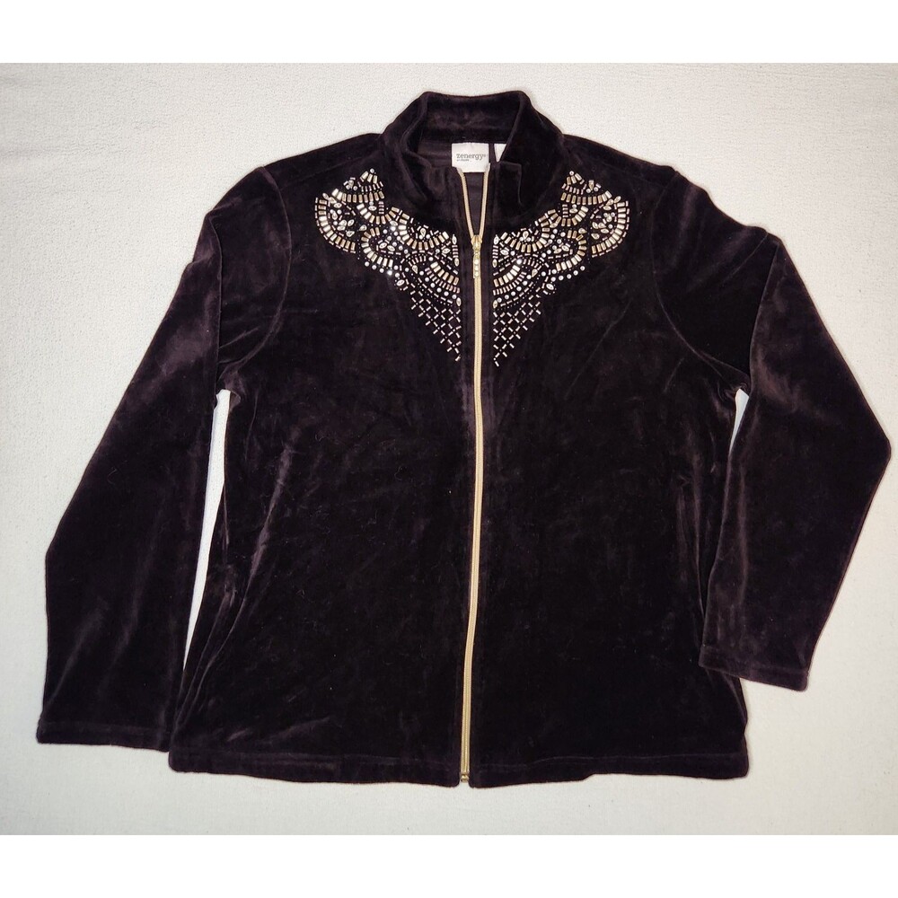 Chicos Zenergy Embellished Velour Track Suit Jacket Black Gold Tone Zipper sz 1